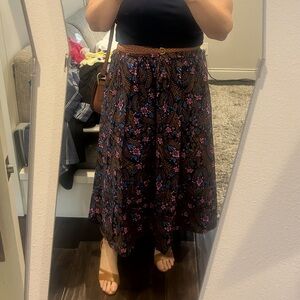 Boden Navy, Brown & Pink Floral Ruched Midi Skirt With Pockets - US10